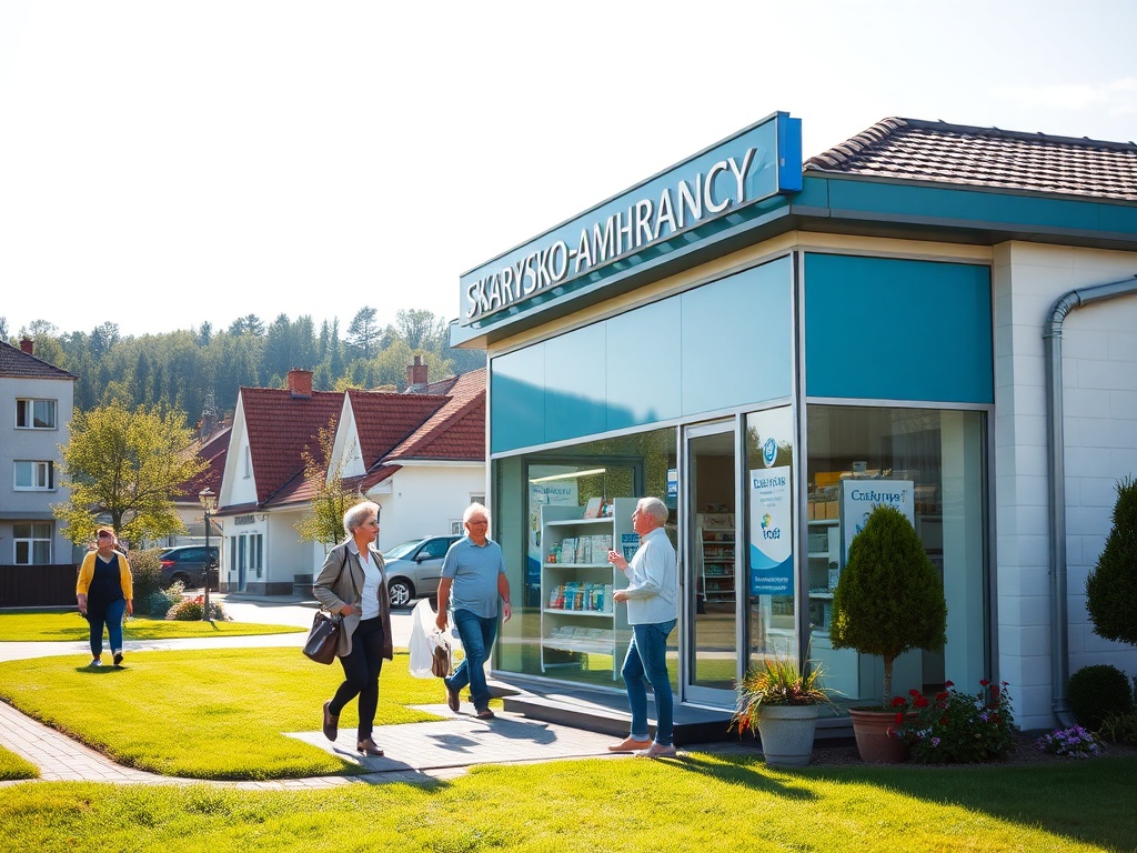 Seniorzy podczas spaceru na ścieżce spacerowej w Skarżysku-Kamiennie, logo Domu Pomocy Społecznej "Centrum Seniora" widoczne w tle