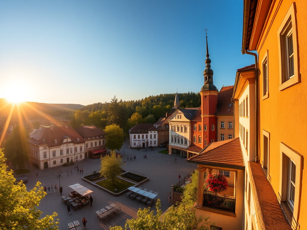 Widok na Zalew Rejowski w Skarżysku-Kamiennej podczas majówki, otoczony zielenią i kwitnącymi drzewami.